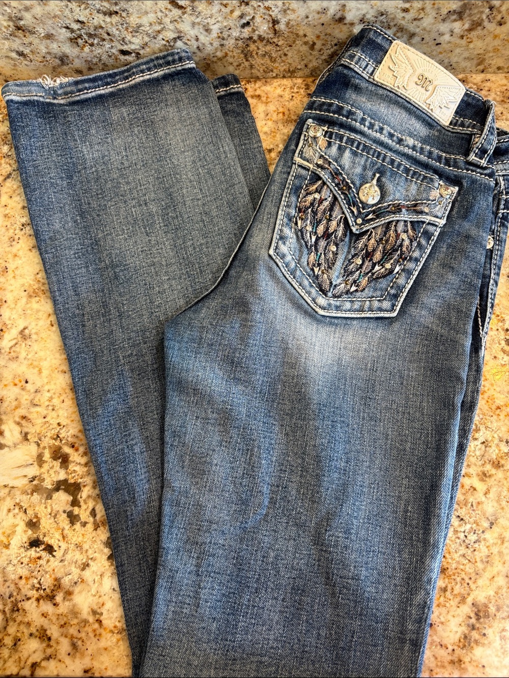 Miss Me Women's Blue Bootcut Jeans with Embroidered Feather Pocket
